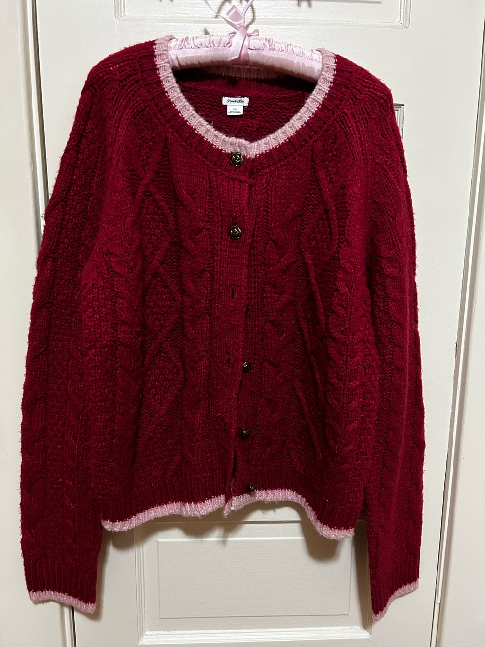 Kimchi Blue Maroon Cable-Knit Cardigan with Pink Trim and Rose Buttons - Picture 1 of 6